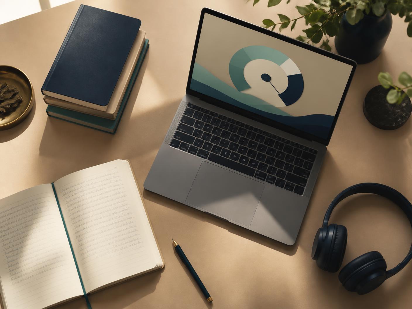 A desk set up for IELTS study with a laptop showing a band score dial, notebook and headphones